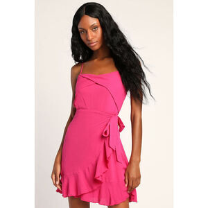 Lulus Gorgeous Vision Magenta Ruffled Faux-wrap Mini Dress Pink - Size L